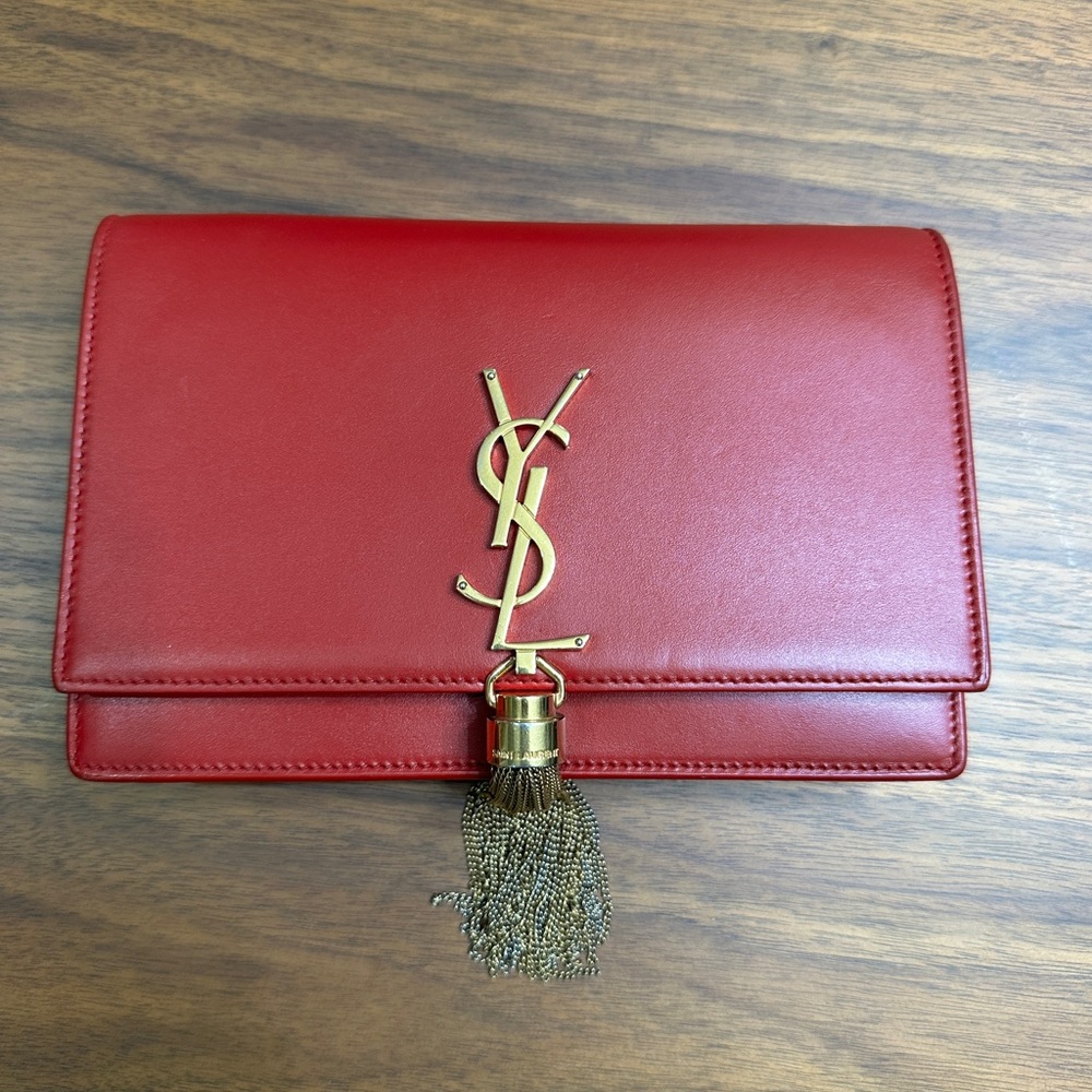 YSL Red Leather Clutch with Gold Logo